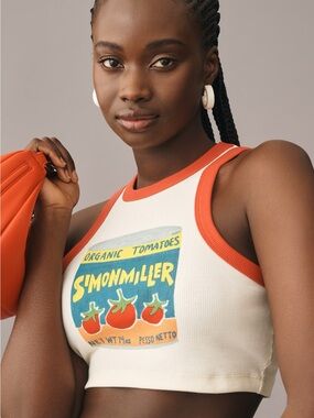Simon Miller White Crop Tank with Orange Trim and Tomato Graphic